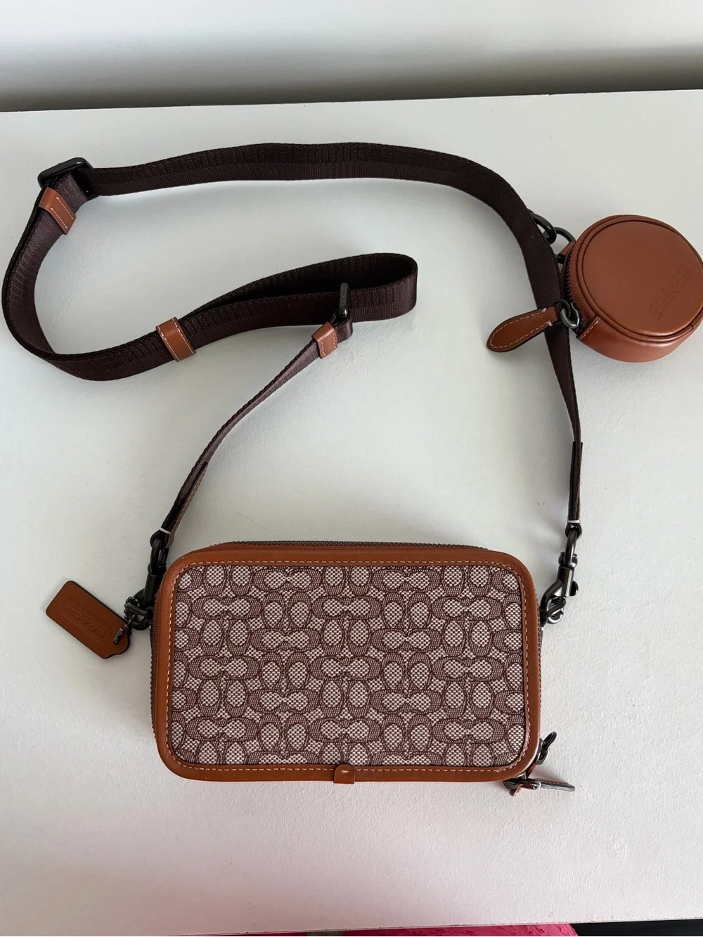 Coach Tan/Brown Signature Canvas Messenger with Round Coin Pouch